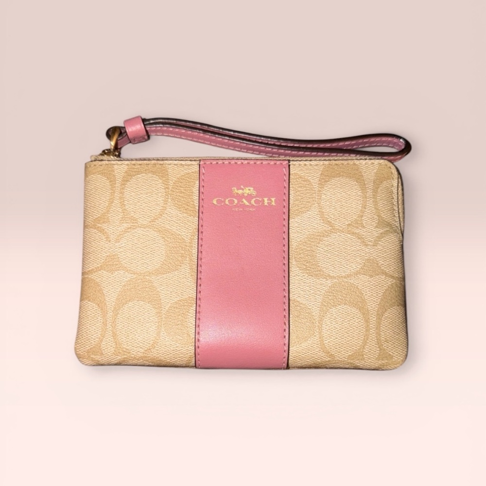 Coach Signature Tan and Pink Wristlet